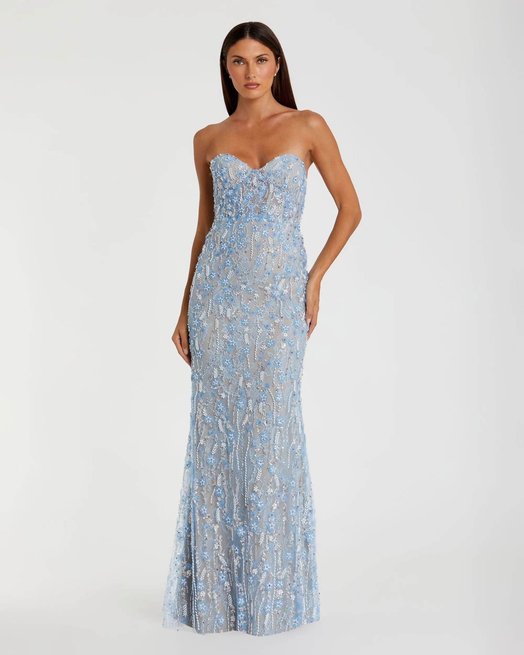 Blue Embellished Lace Strapless Bustier Gown | Mac Duggal