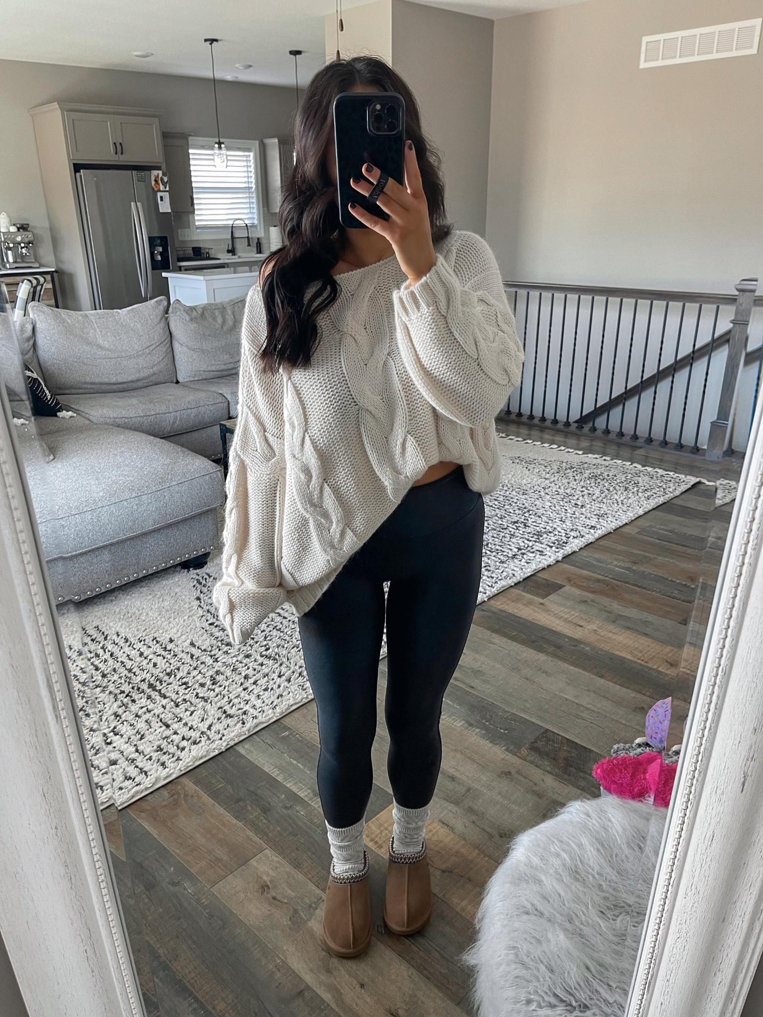 Baking Christmas cookies outfit inspo 🖤

Leggings — small petite 
Sweater — small

Holiday fashion | holiday style | holiday outfit inspo | neutral holiday outfit | casual outfit inspo | amazon fashion | amazon finds | amazon must haves | found it on amazon | oversized cable knit sweater outfit | spanx faux leather leggings outfit | slouch socks | ugg tasman slipper outfit 

#LTKunder50 #LTKHoliday #LTKstyletip
