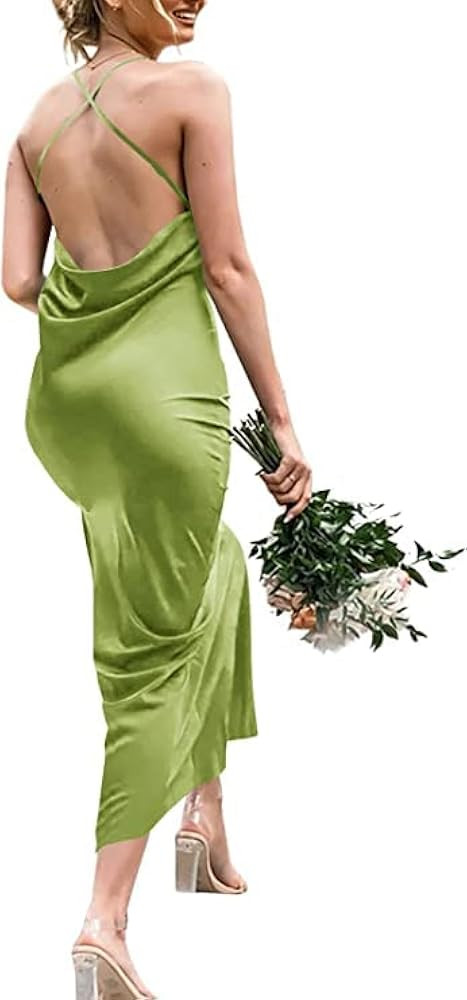 Womens Spaghetti Strap Stain Dress Cowl Neck High Slits Cocktail Party Midi Dresses | Amazon (US)