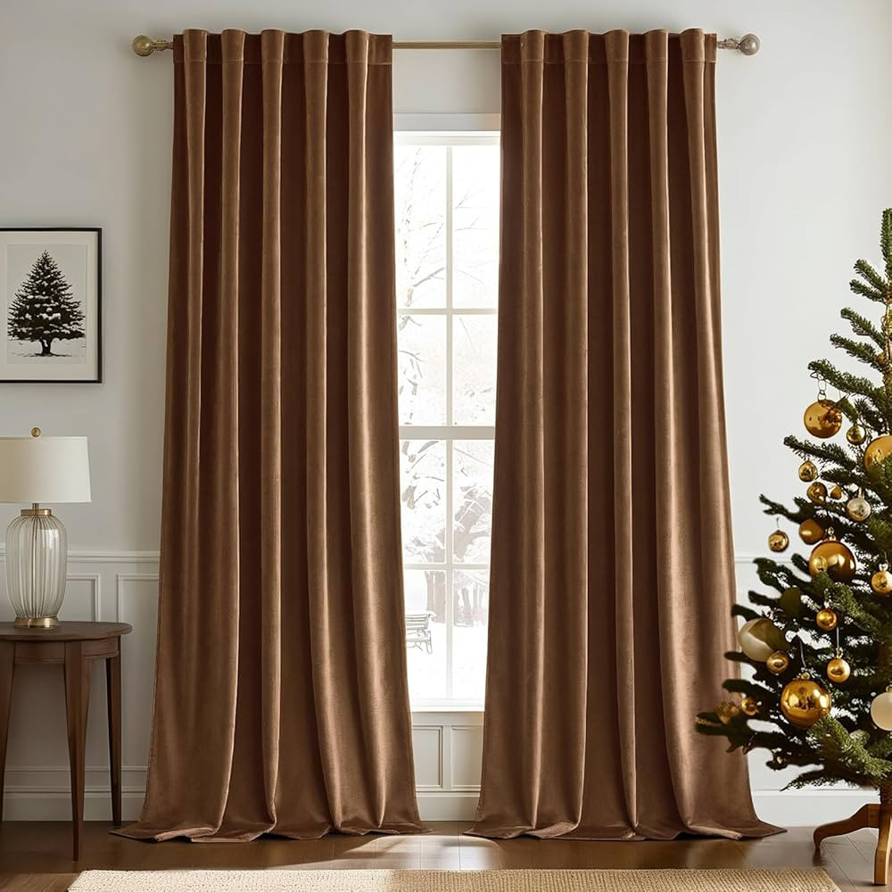 Woaboy Back Tab & Rod Pocket Velvet Curtains 96 Inches Long 2 Panels Set, Brown Classical Thermal... | Amazon (US)
