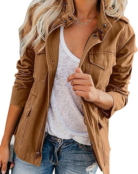 Womens Jacket Zip Up Snap Buttons Utility Anorak Field Safari Lightweight Coat Outwear | Amazon (US)