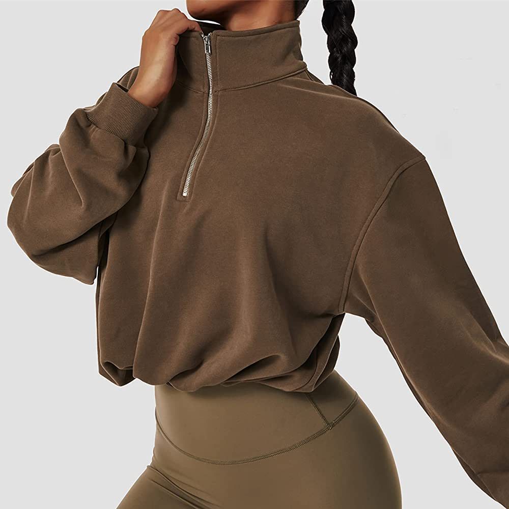 Kissonic Women's Half Zip Sweatshirt Long Sleeve Lapel Collar Drawstring Pullover Workout Crop Tops | Amazon (US)