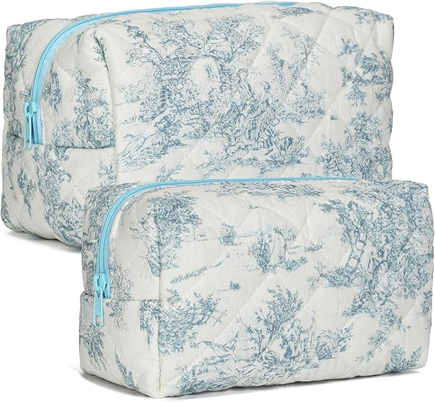 2 PCS Quilted Makeup Bag,Cute Cotton Cosmetic Bag,Large Travel Toiletry Bag Makeup Brushes Storag... | Amazon (US)