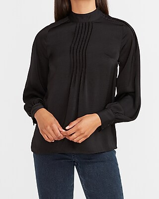 Satin Pleated Mock Neck Top | Express