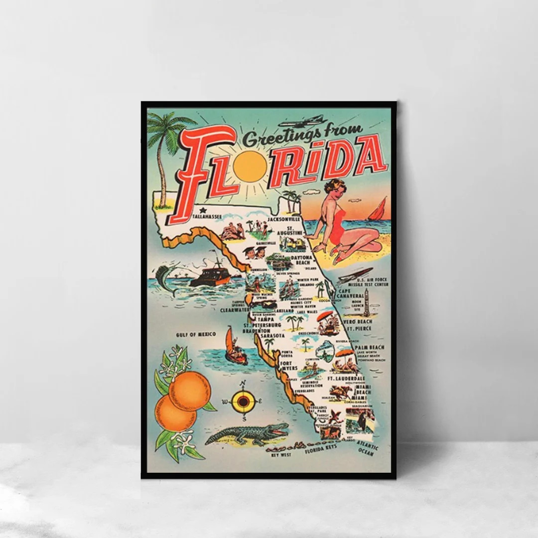 Florida Tourism Tourist Map Vintage Travel Poster High Quality Canvas Art Print Room Decoration A... | Etsy (US)