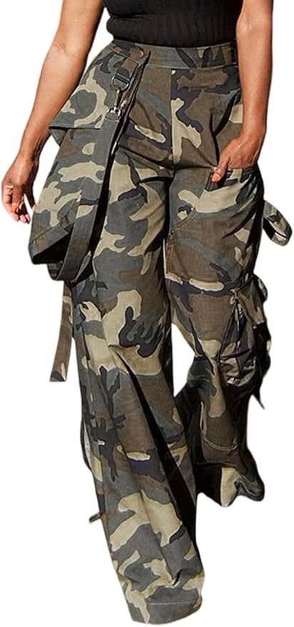 Vakkest Women's Camo Cargo High Waist Pants Elastic Waist Straight Wide Leg Camouflage Trousers M... | Amazon (US)
