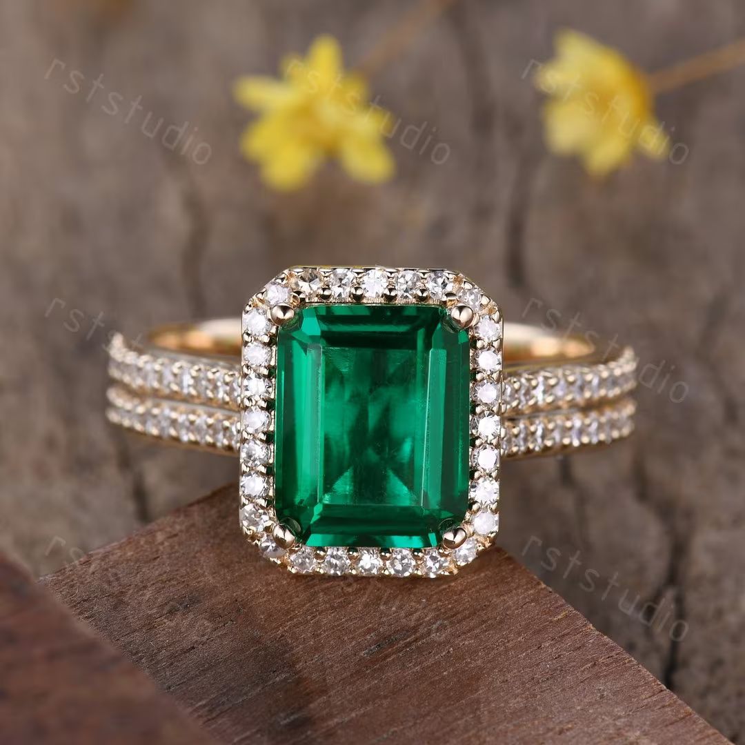 Emerald Engagement Ring Gold Vintage Emerald Ring 4MM Diamond Band Emerald Cut Gemstone May Birth... | Etsy (US)