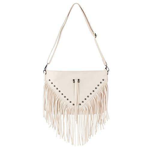 Hoce Women’s Leather Fringe Messenger Bag Hobo Crossbody Tassel Shoulder Bags, Beige | Amazon (US)