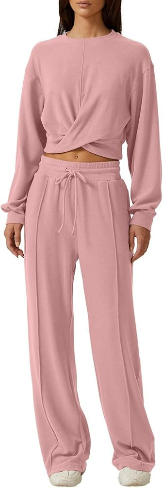 QINSEN Women 2 Piece Outfits Sweatsuit Set Twist Front Cropped Sweatshirt Wide Leg Sweatpant Loun... | Amazon (US)