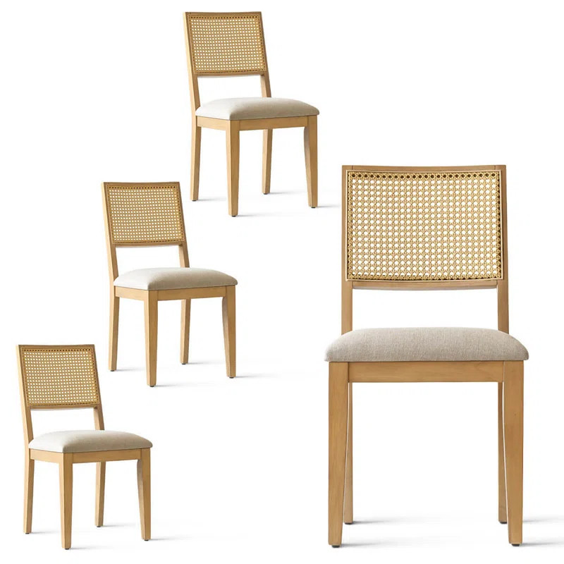 Bayou Breeze Solid Wood Upholstered Cushion Dining Chair With A Rattan Cane Back(Set Of 4) | Wayf... | Wayfair North America