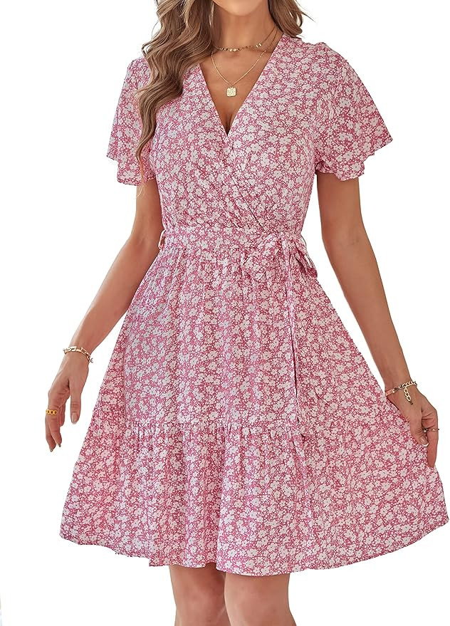 ZESICA Women’s Summer Wrap V Neck Bohemian Floral Print Ruffle Swing A Line Beach Mini Dress | Amazon (US)