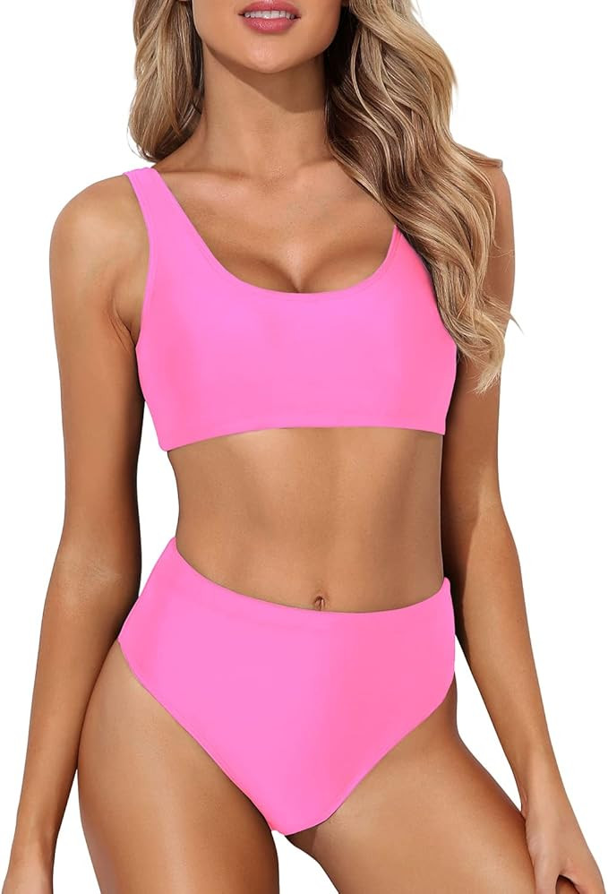 Tempt Me Women Two Piece Scoop Neck Bikini Crop Top High Cut Swimsuit Sporty High Waisted Bathing... | Amazon (US)