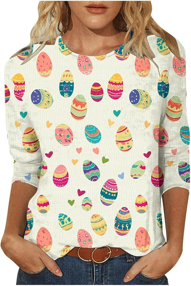 Easter Bunny Tshirts for Women 3/4 Sleeve Crew Neck Tee Casual Tunic Tops Dressy Colored Egg Grap... | Amazon (CA)