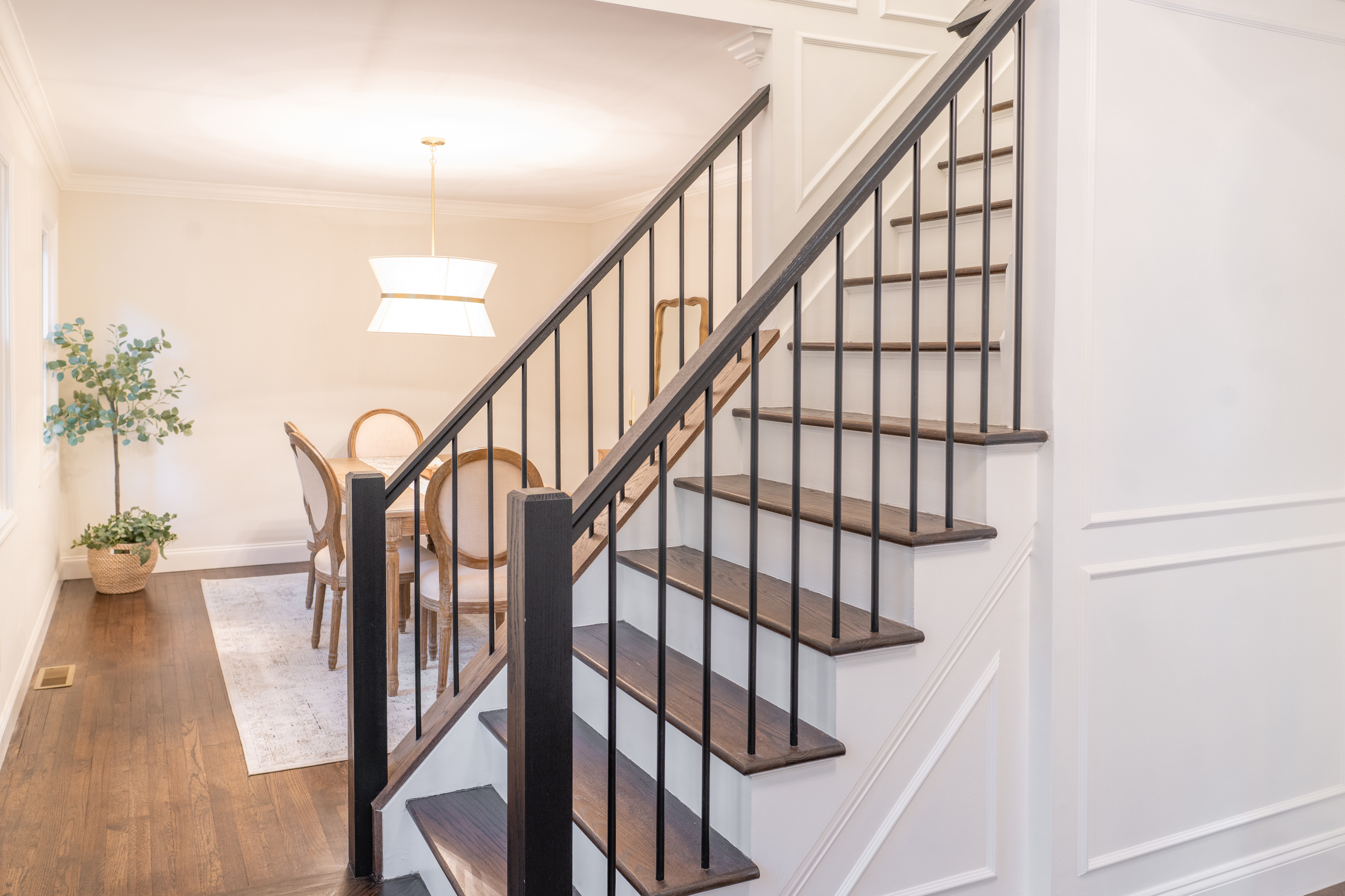 Entryway makeover - Lighting, Paint, Stain, Staircase update, Herringbone flooring,  

 