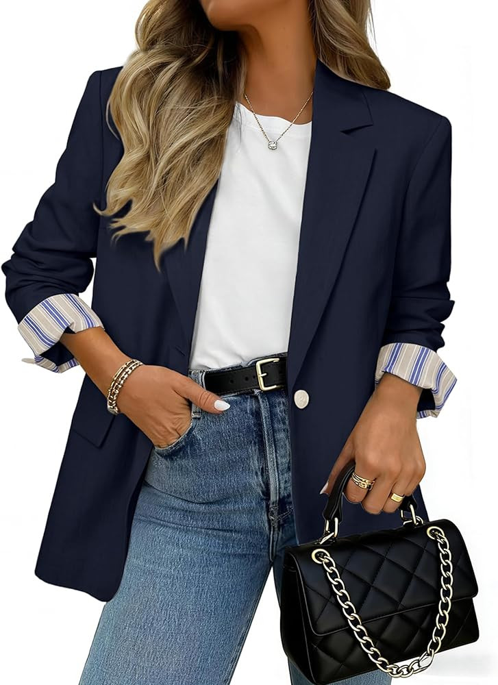 Simplee Blazer for Women Casual Long Sleeve Work Business Blazers Striped Cuff Suit Jacket with P... | Amazon (US)