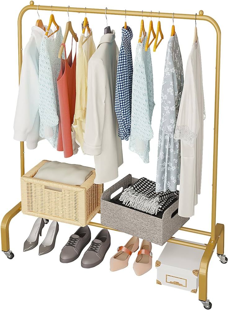 JIUYOTREE Metal Clothing Rack with Wheels 43.3 Inches Rolling Clothes Garment Coat Rack with Bott... | Amazon (US)