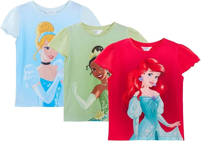 Disney Girls 3 Pack Princess T-Shirts Kids Ariel The Little Mermaid, Tiana and Cinderella Dress U... | Amazon (US)
