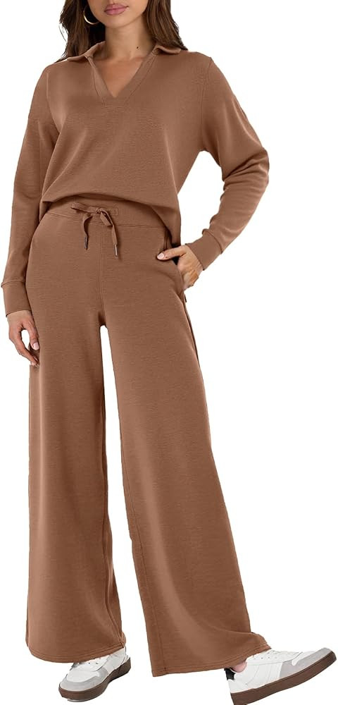 Glamaker Women's 2 Piece Sets Outfits Casual Long Sleeve Sweatsuits Polo Top and Wide Leg Pants M... | Amazon (US)