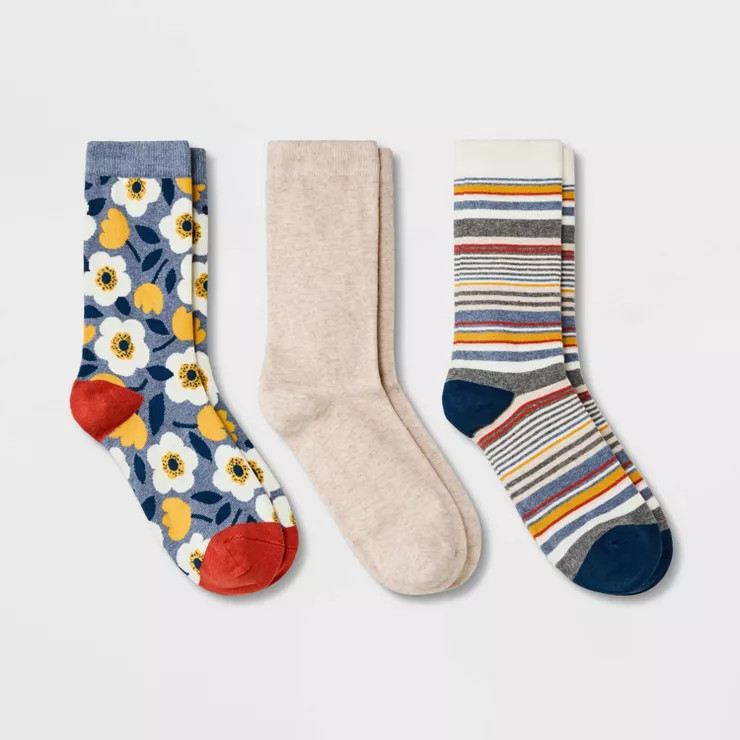 Women's 3pk Floral Crew Socks - A New Day™ Denim/Oatmeal 4-10 | Target
