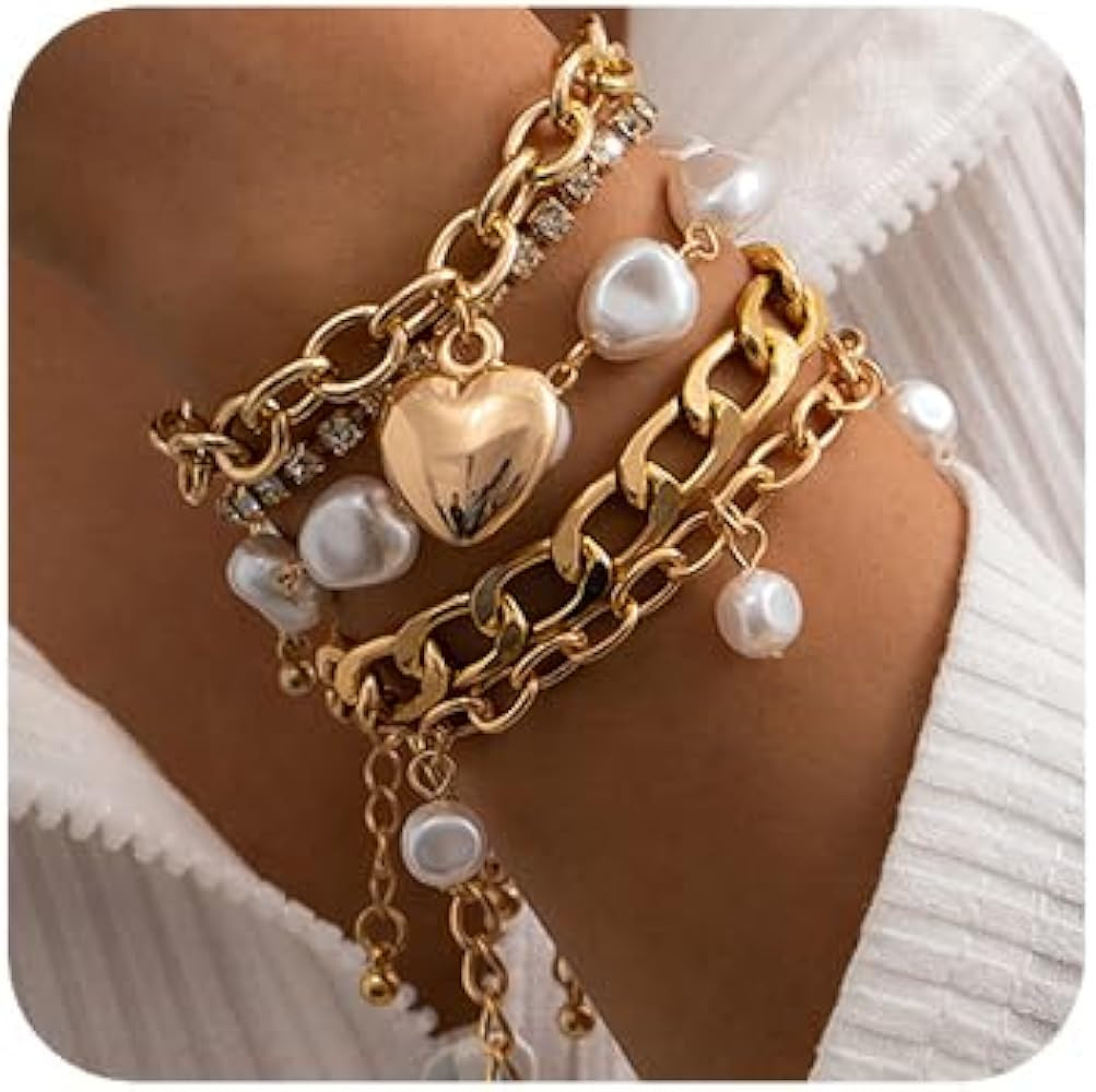 Fashion Dainty Boho Love Rhinestones Bracelets Set for Women Adjustable Beaded Chunky Flat Cable ... | Amazon (US)