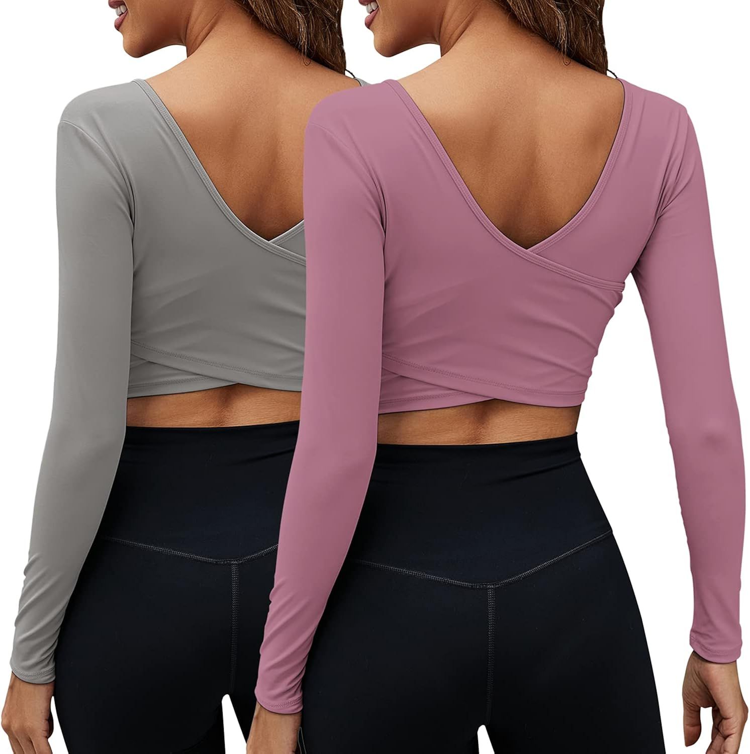 Women's Crop Tops Workout Long Sleeve Shirts 2 Pack Gym Dry Fit Athletic Yoga Cross Back Sport Co... | Amazon (US)