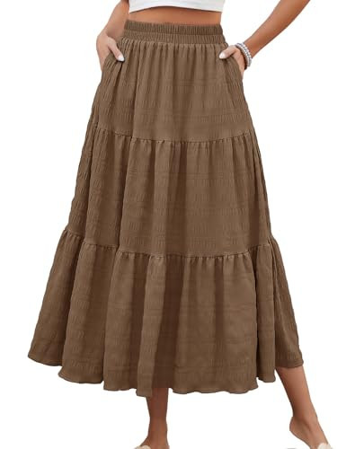 HUSKARY Women's Long Maxi A Line High Waisted Layered Tiered Midi Skirt Flowy Trendy Midi Brown Skirt with Pockets | Amazon (US)