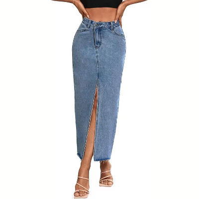 LEVEN SIXTEEN Women's High Waist Maxi Denim Skirt - A-Line Stretch Long Skirt with Front Split & Raw Hem 9009mid Blue 9009mid Blue X-Small | Target