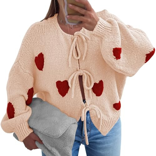 Pink Queen Bow Sweater Cardigan Women Long Sleeve Tie Front Love Printed Knitted Outwear Coats Beige L | Amazon (US)