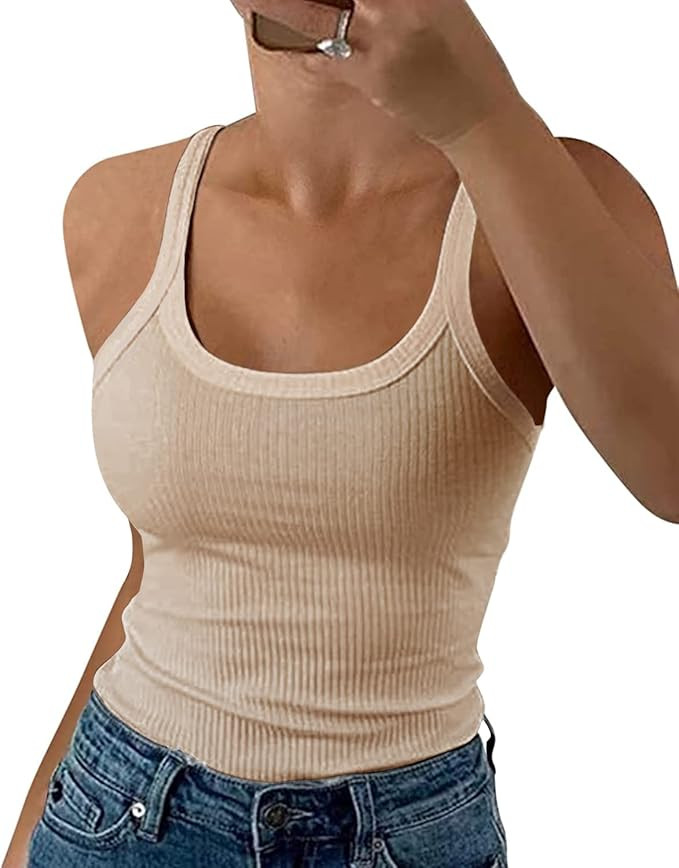 GEMBERA Women Spaghetti Strap Scoop Neck Ribbed Tank Tops Slim Fitted Cotton Camisole Basic Sleev... | Amazon (US)