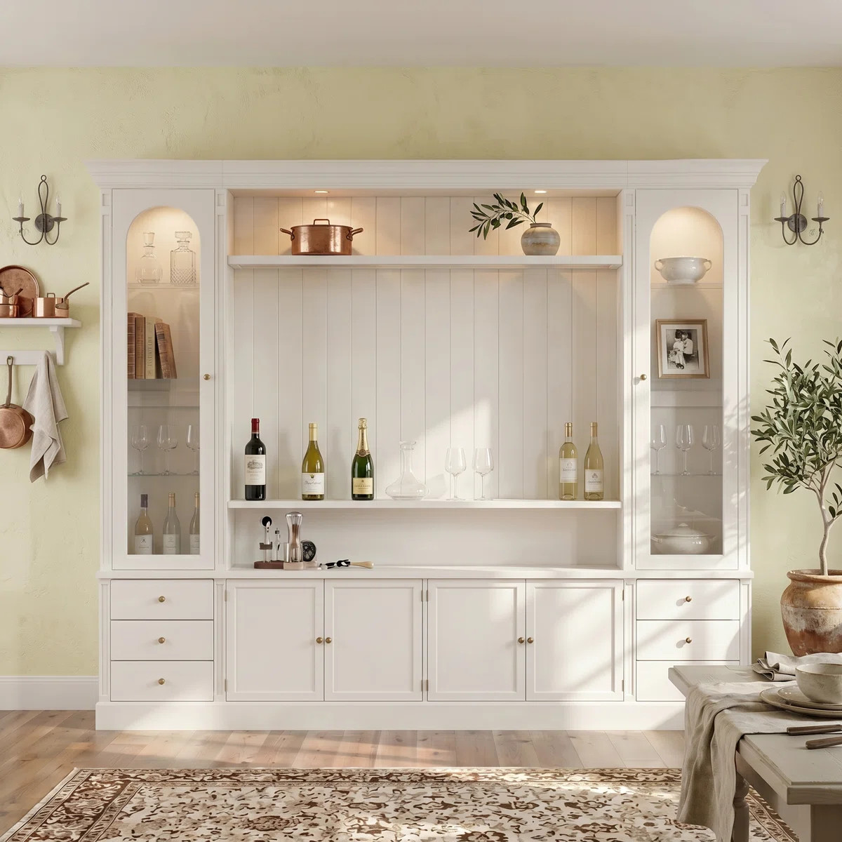 102'' L Large Wine Bar Cabinet With Glass Doors & Lights - Storage With 6 Drawers, Open Shelving | Wayfair North America