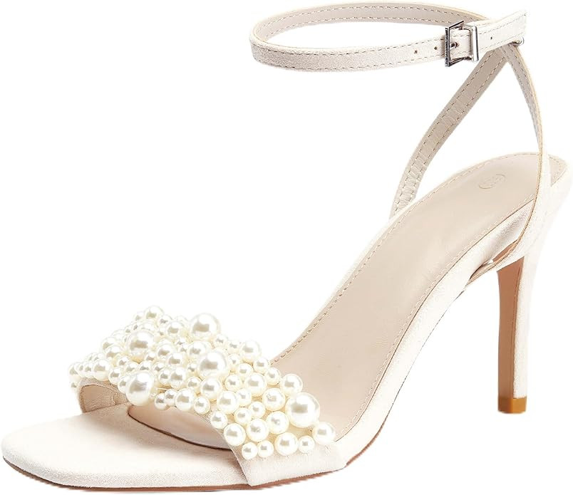 Coutgo Women's Open Toe Heeled Sandals Pearl Strap Stiletto Heel Ankle Buckle Strap Summer Shoes ... | Amazon (US)
