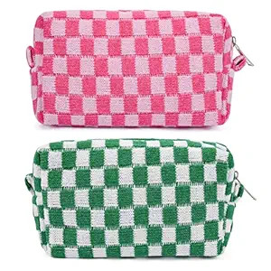2 Pieces Makeup Bag Pouch Checkered Cosmetic Bag Pink Green, Travel Toiletry Bag Organizer Cute M... | Amazon (US)
