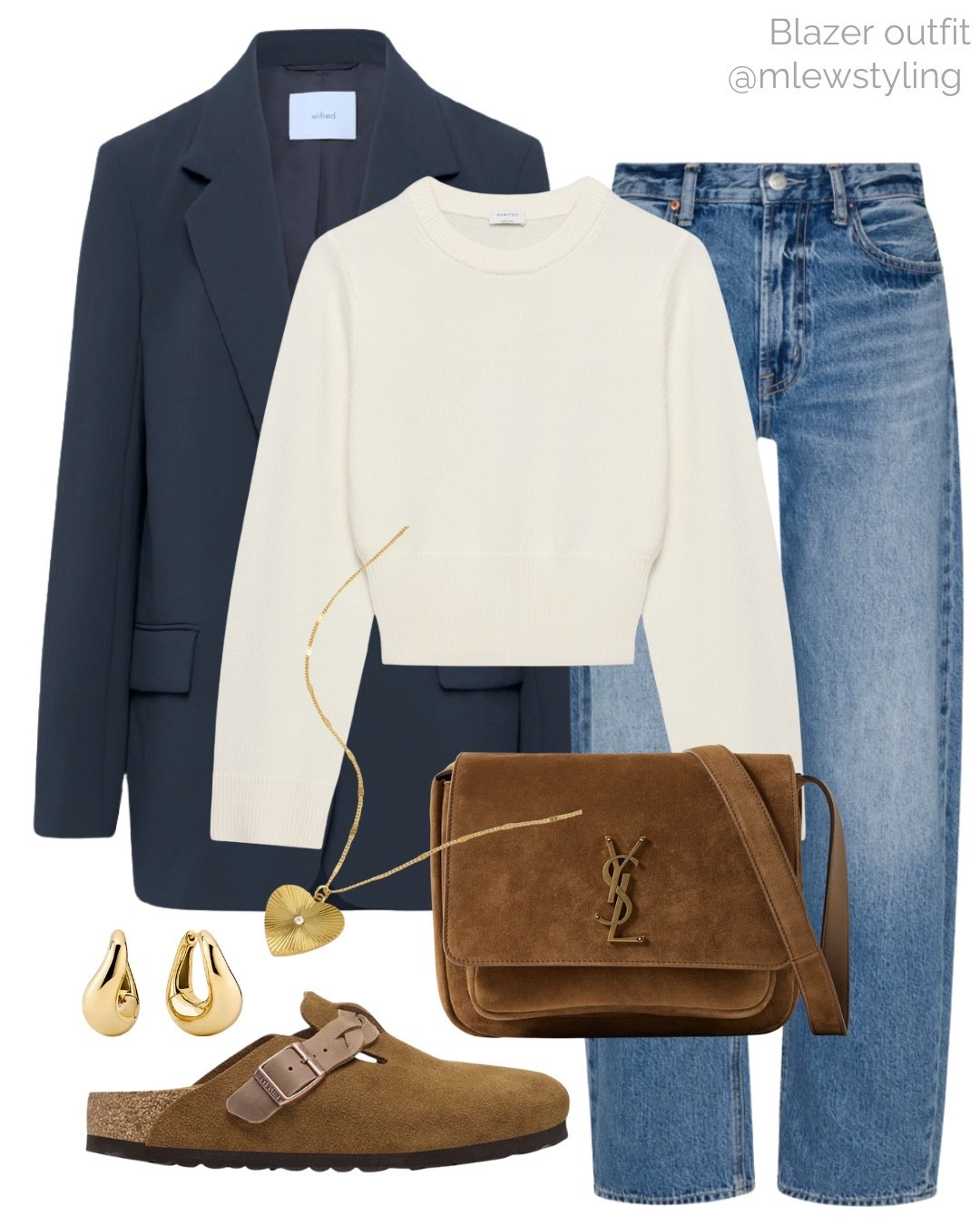 Fall outift with a navy blue blazer 💙

Tags: brown suede ysl bag, Birkenstock braided Boston clogs, aritzia sweater, pistola denim, barrel leg jeans, madewell heart necklace, gold Mejuri earrings, causal work outfit, fall fashion, workwear, office outfit 

#LTKShoeCrush #LTKWorkwear #LTKItBag