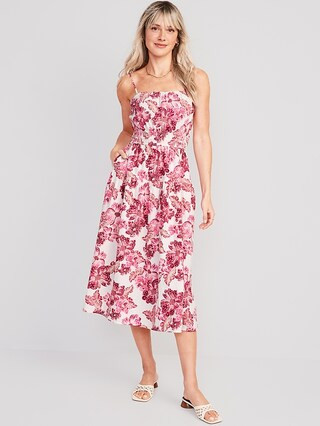 Waist-Defined Floral Linen-Blend Smocked Midi Cami Dress for Women | Old Navy (US)