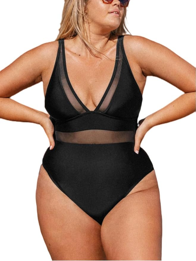 CUPSHE Women Plus Size One Piece Swimsuit V Neck Mesh Sheer Tummy Control Bathing Suit with Adjus... | Amazon (US)