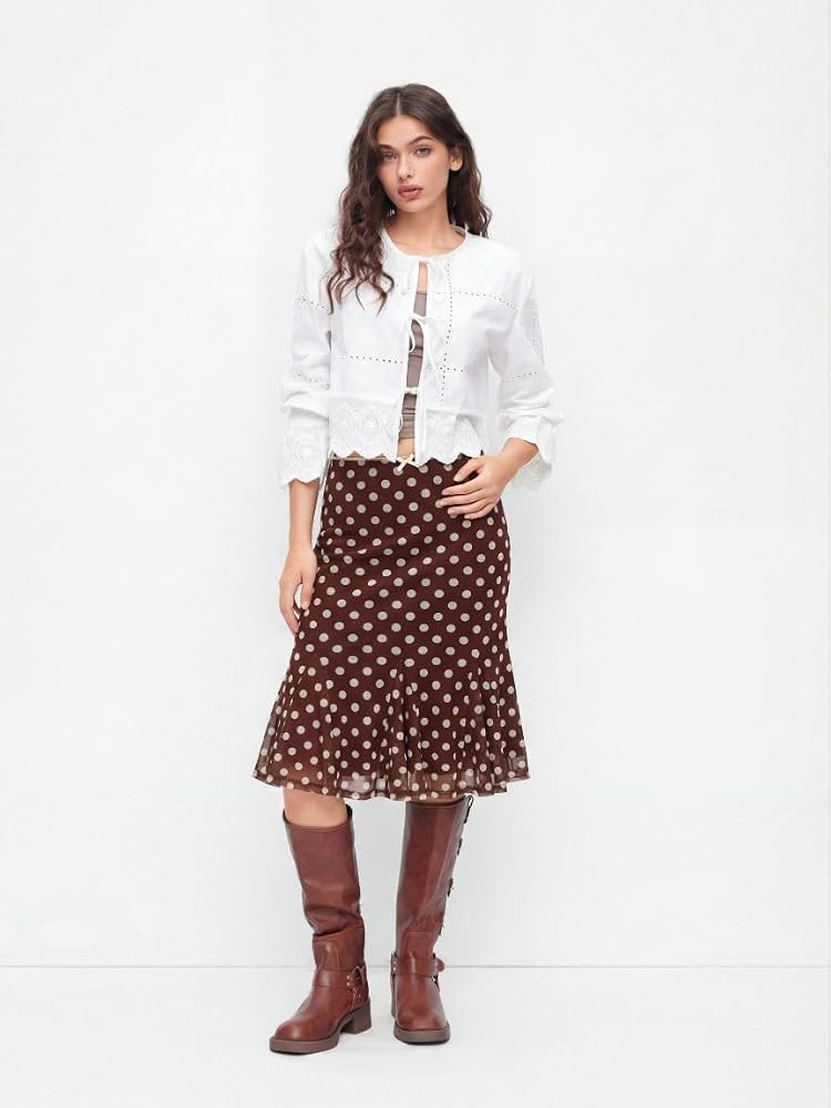 CIDER Womens Polka Dot Midi Skirt Vintage Bowknot Sheer Mesh Ruffle Hem Retro Fashion Going Out C... | Amazon (US)