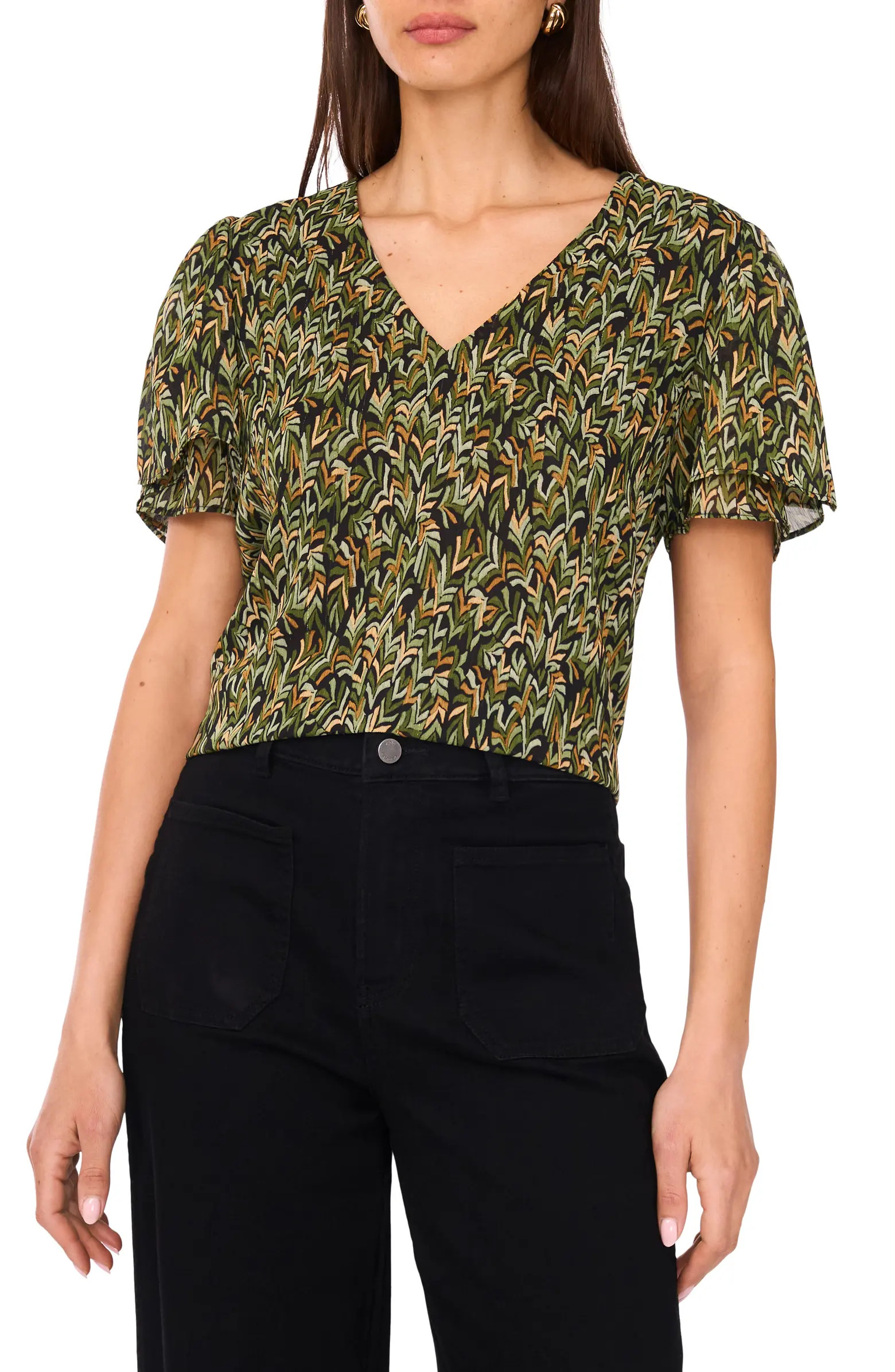 V-Print Tulip Sleeve Georgette Top | Nordstrom
