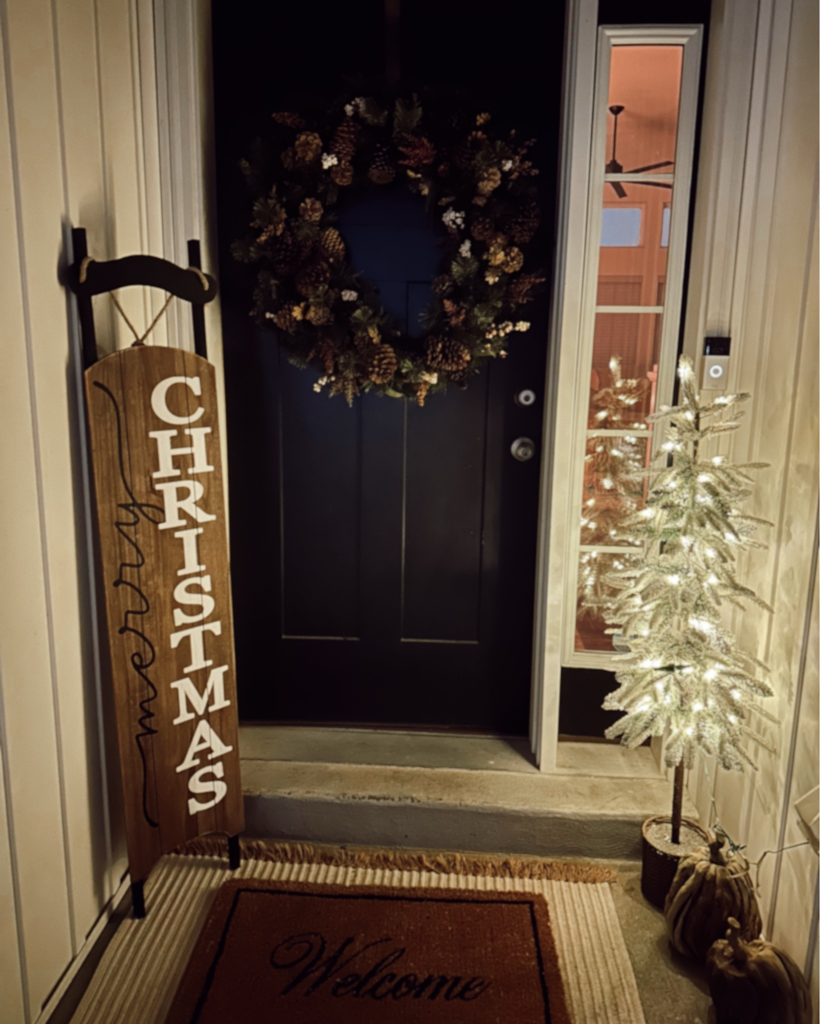 POV: it’s the first snow of the SZN + exactly one year ago the first snow of the season snowed on you wedding day and it’s happening again on your anniversary ✨❄️🥹💫🩵 linking our cutie little porch entry way decor! 

Christmas front door decor, Christmas front porch decor 

#LTKHome #LTKHoliday