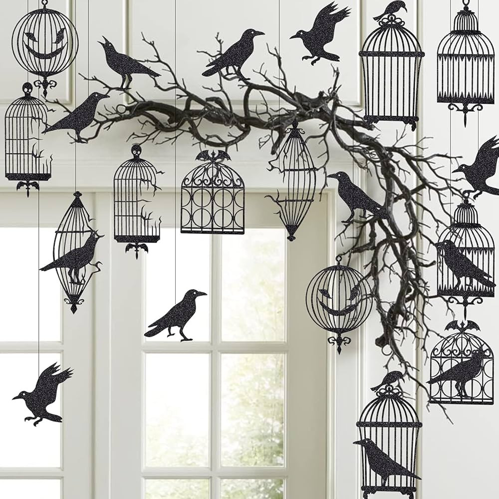 Cheerland Black Crow & Cage Garland for Gothic Glitter Halloween Sticker Decals Tree Hanging Deco... | Amazon (US)