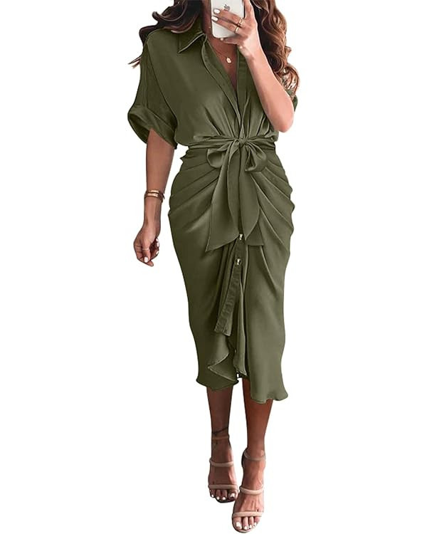 BTFBM Women 2023 Button Down Ruched Shirt Dresses Short Sleeve Lapel V Neck Elegant Party Spring ... | Amazon (US)