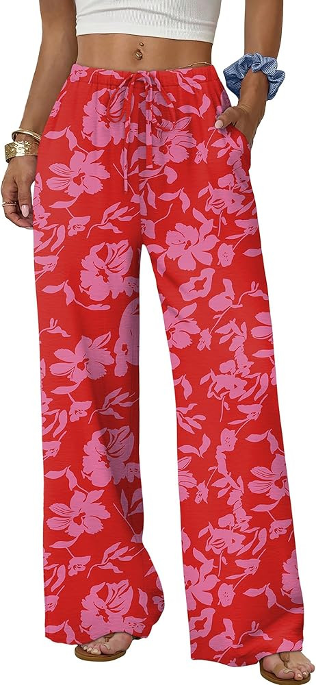 Sampeel Wide Leg Pants for Women Flowy Palazzo Drawstring Elastic Waist Trousers with Pockets Sum... | Amazon (US)