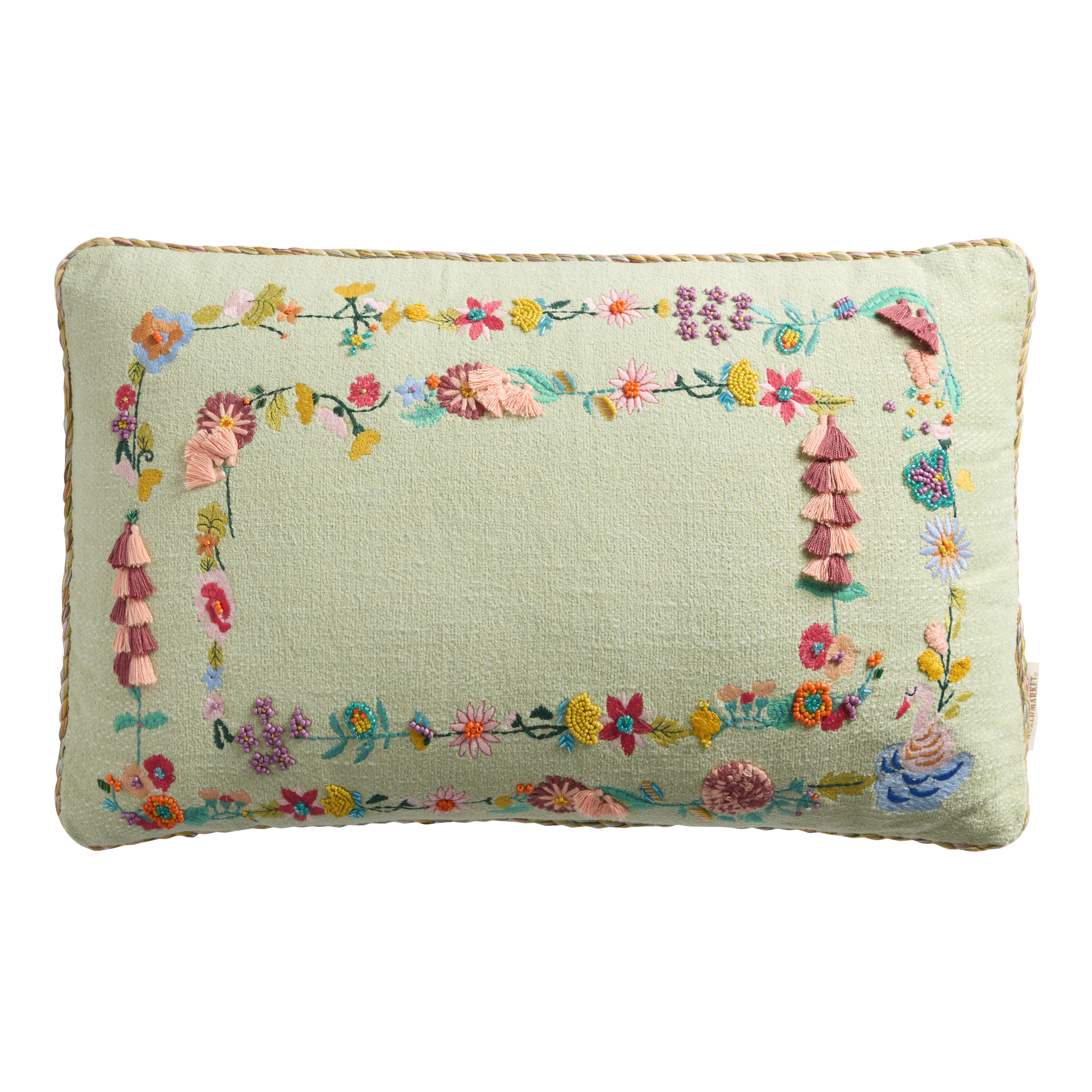 Mint Green Floral Frame Embroidered Lumbar Pillow | World Market