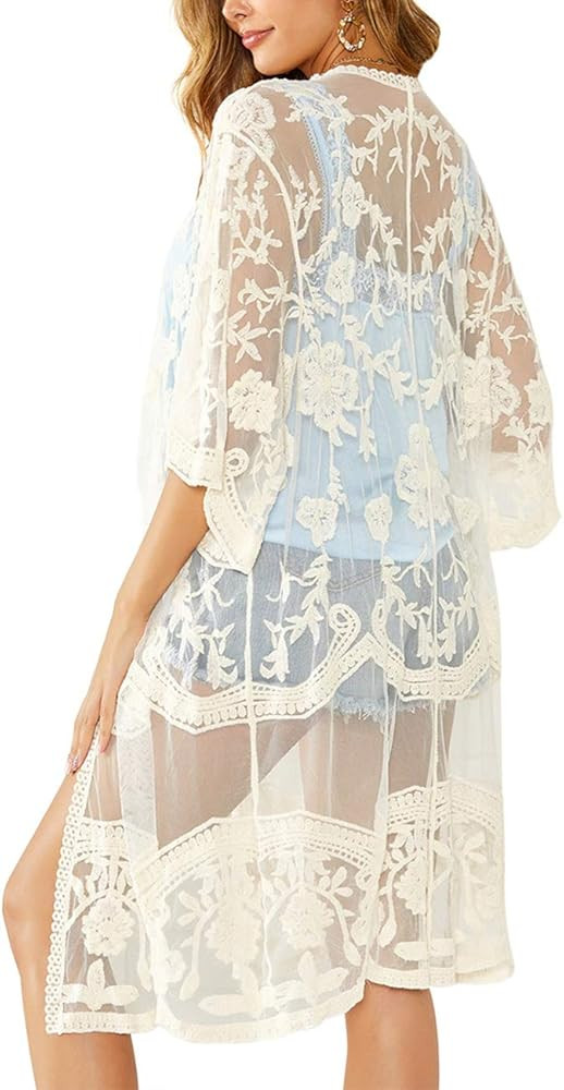 Romanstii Women's Lace Cardigan Floral Crochet Sheer Beach Cover Ups Long Kimono | Amazon (US)