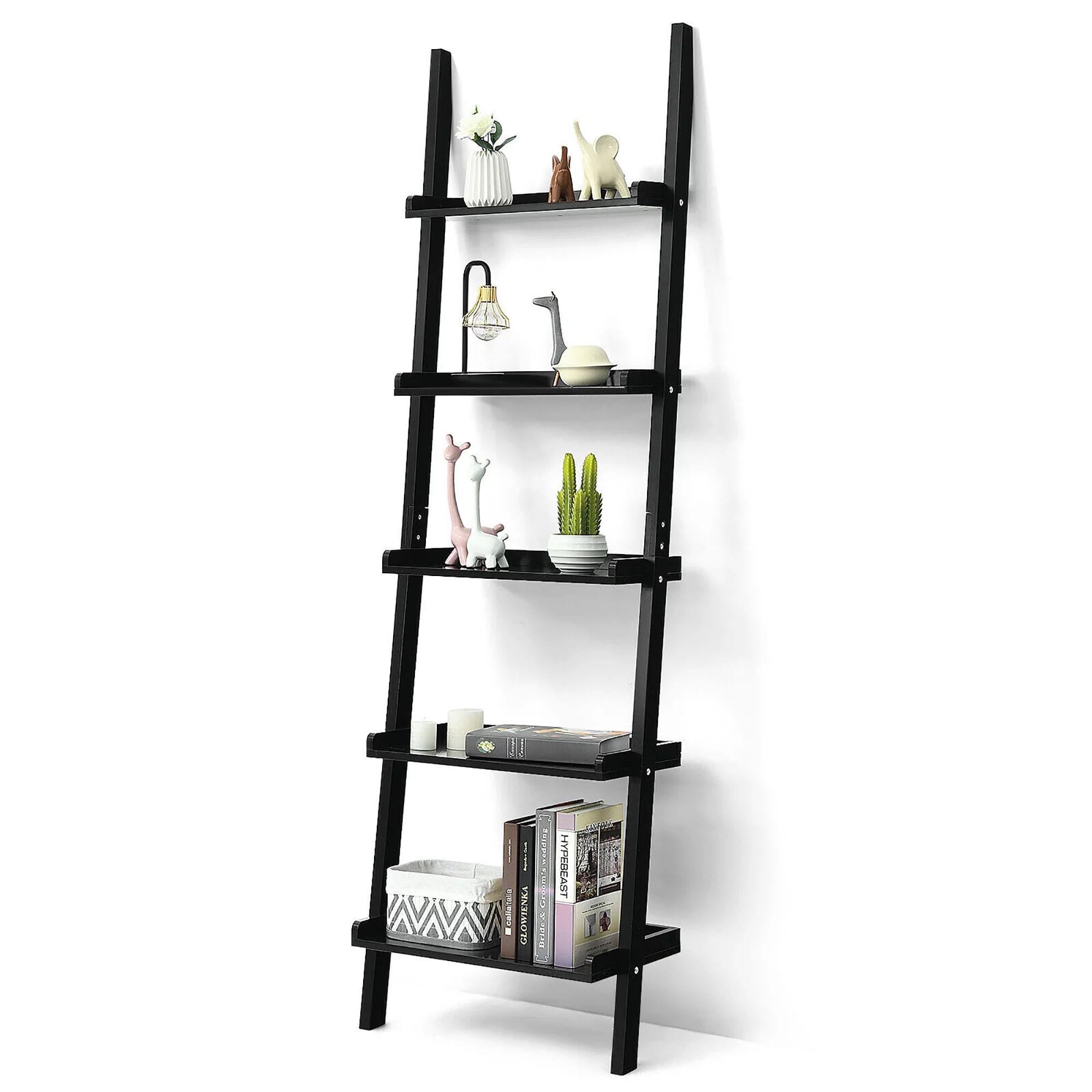 Costway Ladder Shelf 5-Tier Plant Stand Wall-leaning Bookcase Display Rack Black | Walmart (US)
