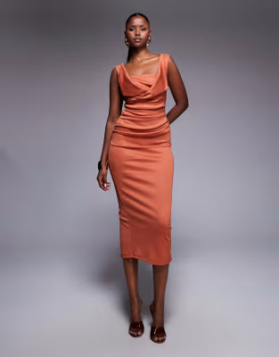 ASOS DESIGN square neck pleated bust midi pencil dress in rust | ASOS | ASOS (Global)