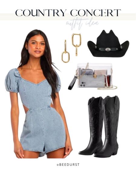 Festival outfit, country concert outfit, country concert look, denim romper, black cowboy boots, cowgirl hat, stadium friendly bag, spring outfit, black cowboy hat

#LTKStyleTip #LTKSeasonal #LTKShoeCrush