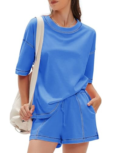 Amazon.com: EXLURA Women's Casual Summer 2 Piece Sets 100% Cotton Short Sleeve Tshirt and Shorts ... | Amazon (US)