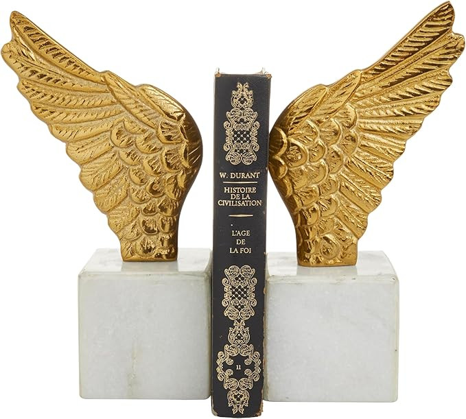 Deco 79 Aluminum Bird Wings Bookends with Marble Base, Set of 2 5"W, 10"H, Gold | Amazon (US)