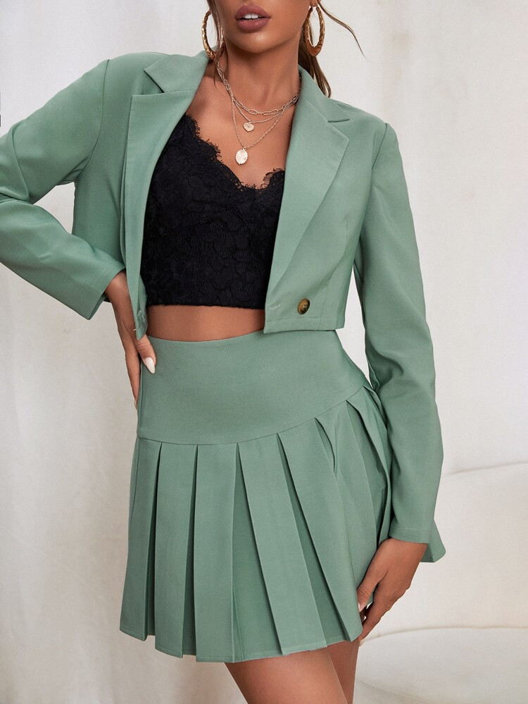 Solid Crop Double Button Blazer And Pleated Skirt | SHEIN
