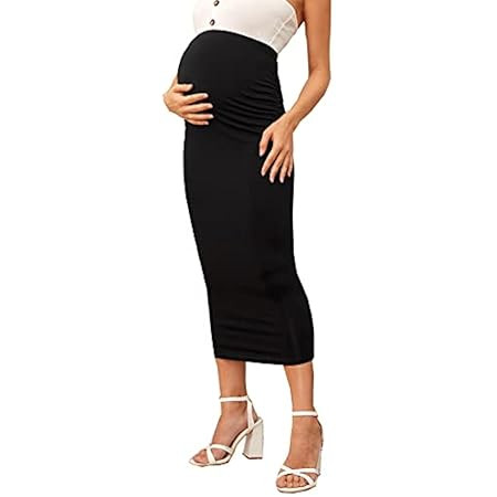 POSHDIVAH Women's Maternity Skirt Over The Belly Midi High Waisted Solid Stretchy Pregnancy Pencil S | Amazon (US)